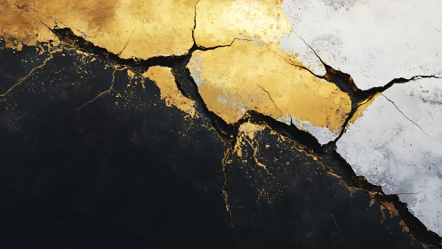 Abstract cracked surface with gold, black, and white textures.