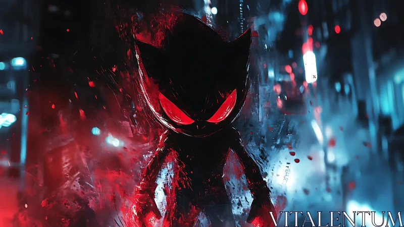 Glowing red-eyed silhouette rendered in neon-lit urban smoke field