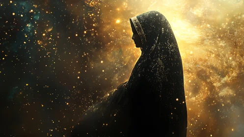 Silhouetted veiled figure framed by dense cosmic particle field