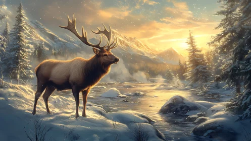 Elk standing by frozen river in sunlit alpine valley.
