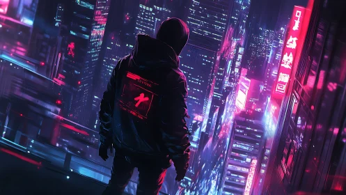 Hooded cyber-operator surveying neon-dense megacity skyline.