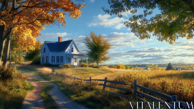 Autumn farmhouse overlooks sunlit rural meadow and sky.