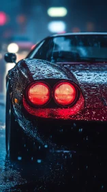 Red sports car glows through rain on a neon city street