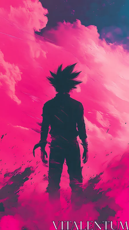 Silhouetted warrior in magenta storm cloudscape horizon.