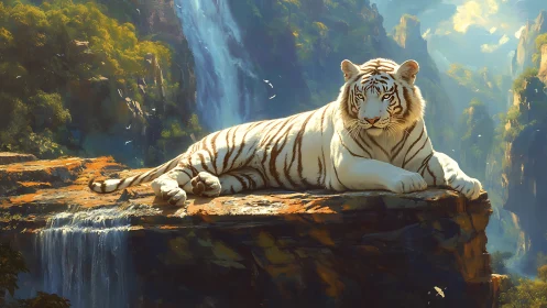White tiger on cliff ledge above multi-tiered waterfalls.