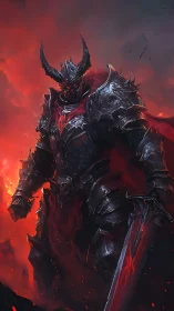 Hellforged dark knight stands amid roaring crimson flames.