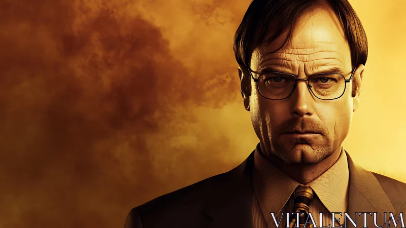 Middle-aged man in suit stares forward against orange clouds