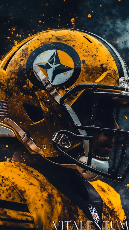 Grunge-textured football helmet profile amid dynamic particle bursts.