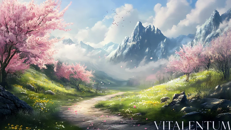 Spring mountain valley path under blooming cherry trees.