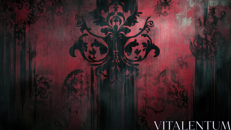 Baroque black damask melts over distressed crimson wall.