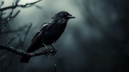 A Mysterious Raven Perches in the Misty Gloom.