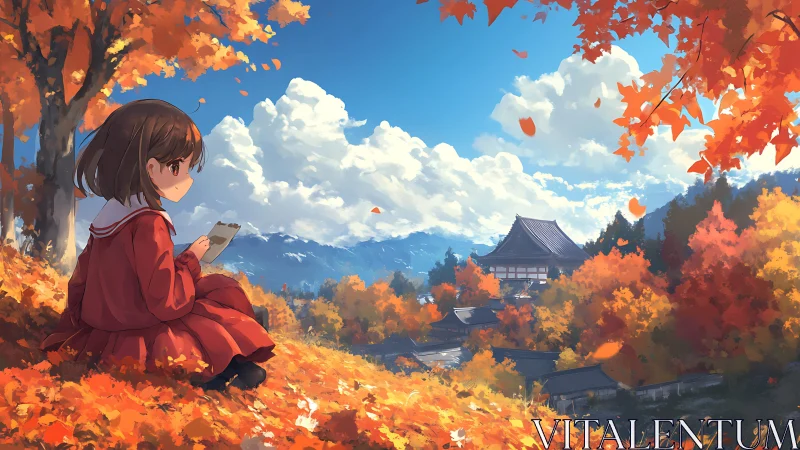 Quiet autumn reading moment overlooks a peaceful hilltop temple