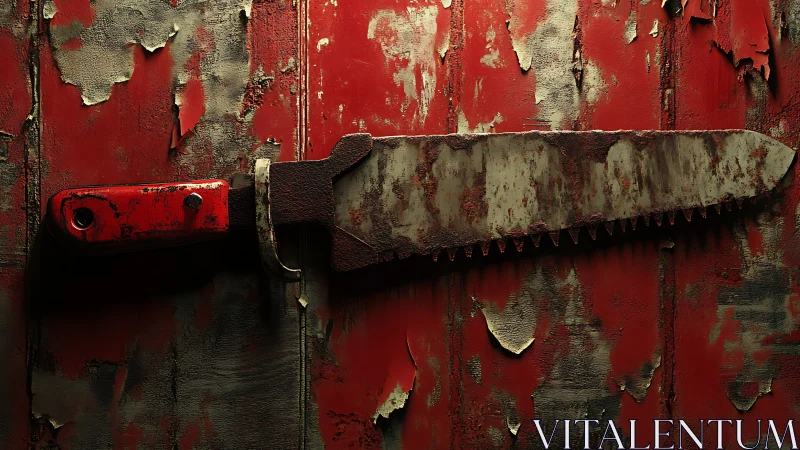 Rust-coated serrated machete on distressed red metal wall.