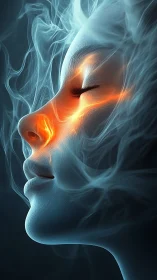 Side profile of glowing female face wrapped in smoke.