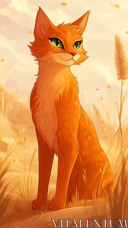 Orange cartoon cat in warm field under soft golden light.