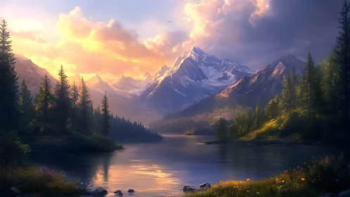 Radiant alpine lake under volumetric sunset cloudfield rendering.