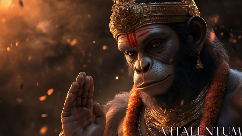 Monkey-headed deity rendered in ornate photoreal 3D scene