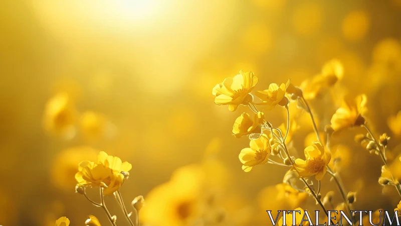 Golden buttercup wildflowers under glowing summer sunlight.