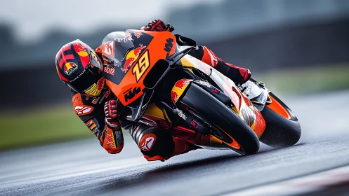 Motorsport rider leans aggressively into wet apex at speed