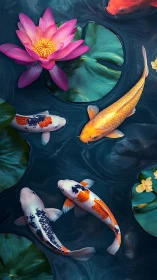 Golden koi glide beneath lotus blooms in tranquil water.