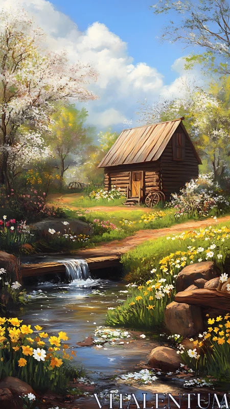 Spring cabin beside wildflower stream under bright sky.
