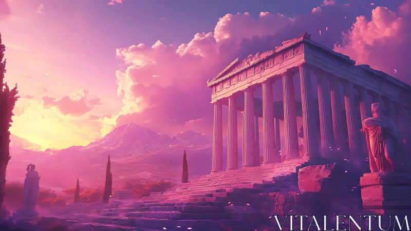Temple ruins in ethereal pink sunset over mountains.