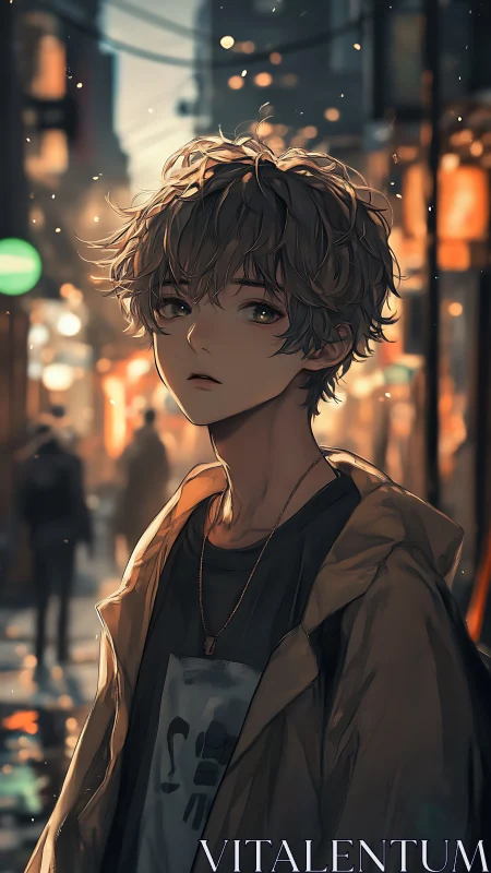 Young person in coat on city street with evening lights.