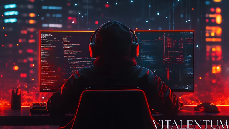 Hooded hacker against neon city coding on dual monitors.