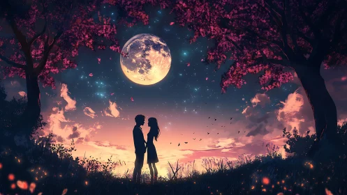 Two figures silhouetted against oversized moon and nocturnal landscape.