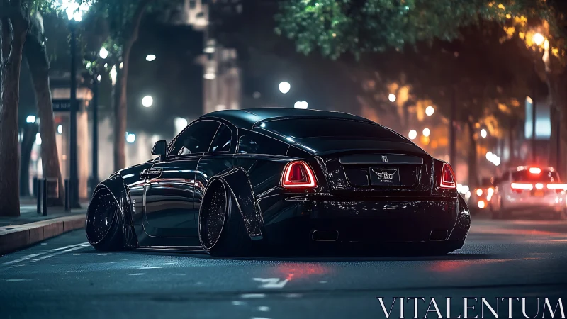 Low stanced luxury coupe parked on city street at night