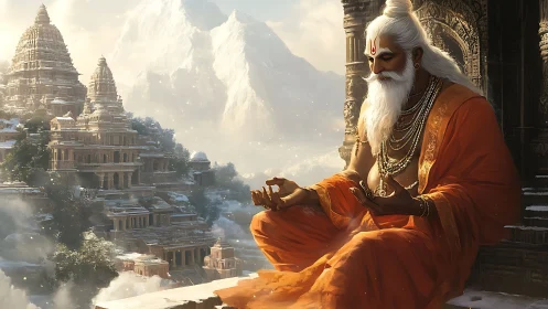 Digital painting of meditative sage amid snowbound temple citadels.