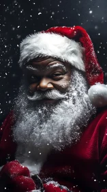 Portrait of Santa figure in snowfall with red suit detail.