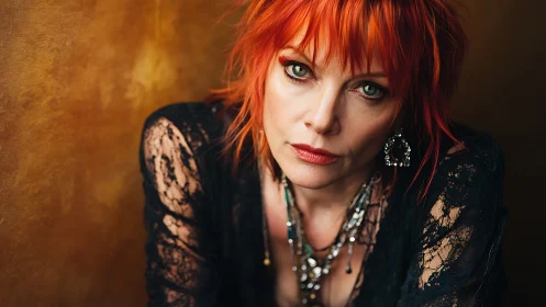Photorealistic portrait with fiery hair and textured backdrop.