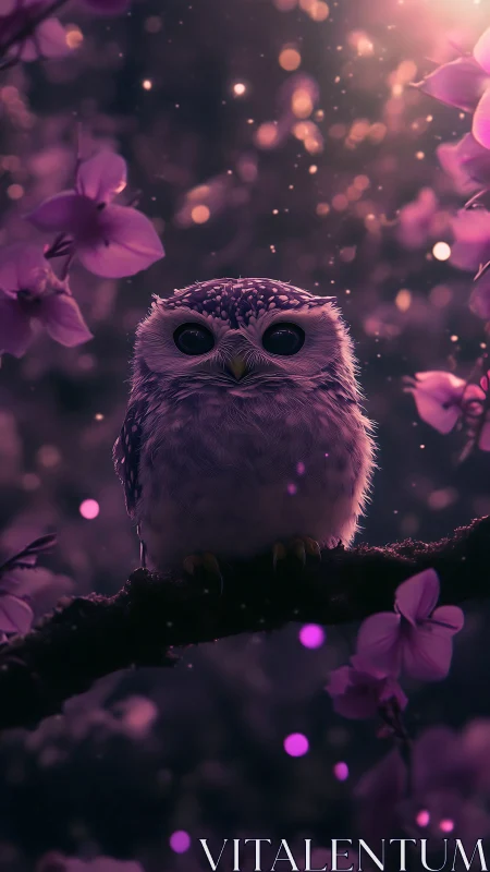Enchanted owl rests amid glowing violet blossoms at dusk.