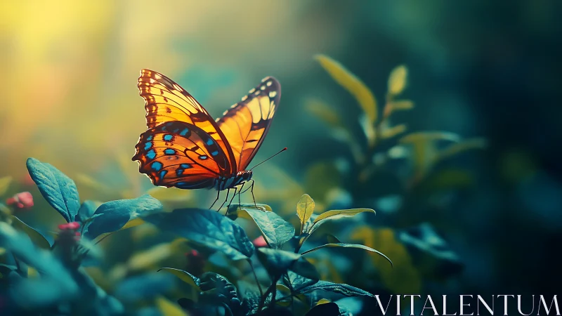 Sunlit amber butterfly pausing on dew-blue garden leaves.