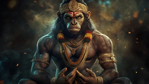 Divine simian warrior breathes firelit calm within smoke