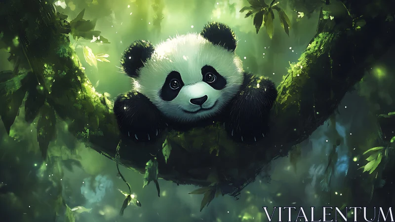 Playful baby panda rests on mossy jungle tree branch.