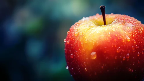 Rain-kissed crimson apple glowing in twilight bokeh bloom.