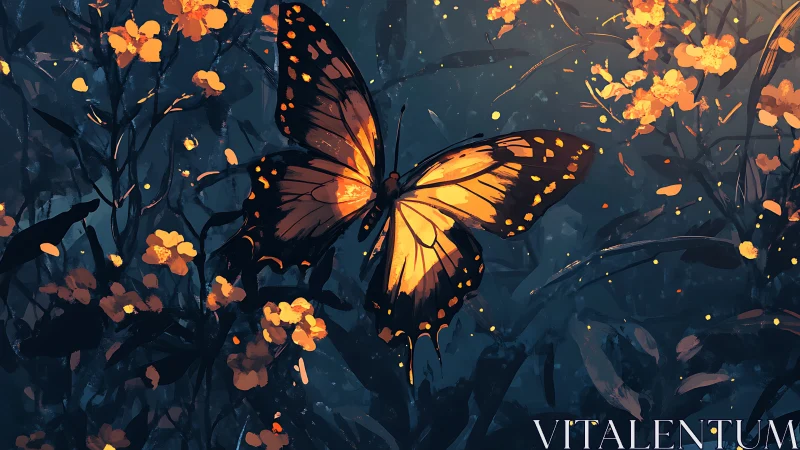 Luminous butterfly glows amid dusk flowers and fireflies.