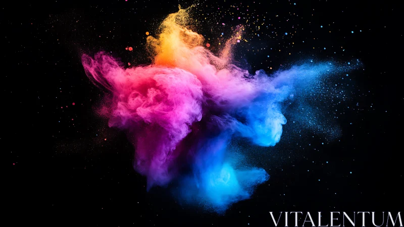 Multicolored powder cloud suspended against black background.