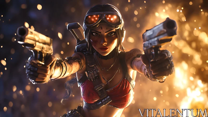 Gritty heroine blazing through sparks and golden firelight.