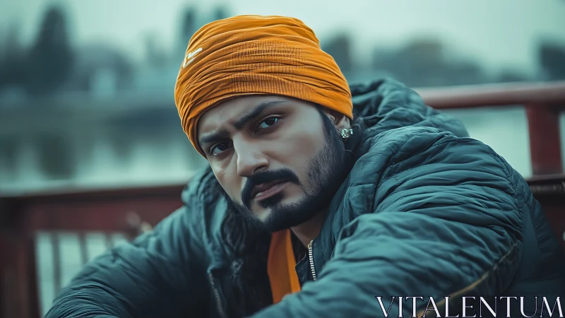 Portrait of man in orange headwrap on outdoor bench, moody light