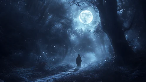 Solitary cloaked figure on moonlit forest pathway.