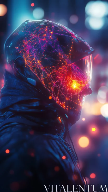 Neon cybernetic rider helmet with glowing neural lattice.