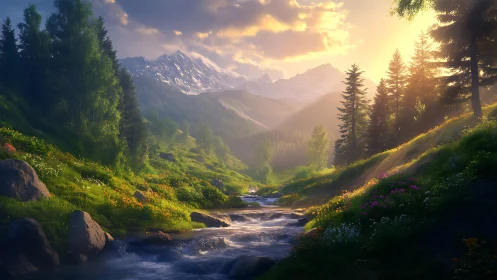 Soft sunrise over a wildflower creek in quiet mountains.