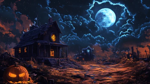 Digital painting of haunted rural path under luminous harvest moon.