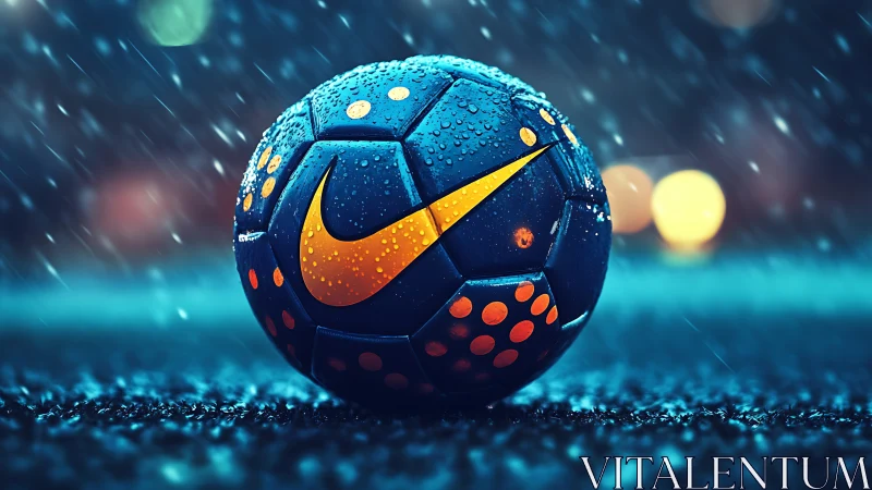 Rain-soaked synthetic football with hydrophobic surface detailing.