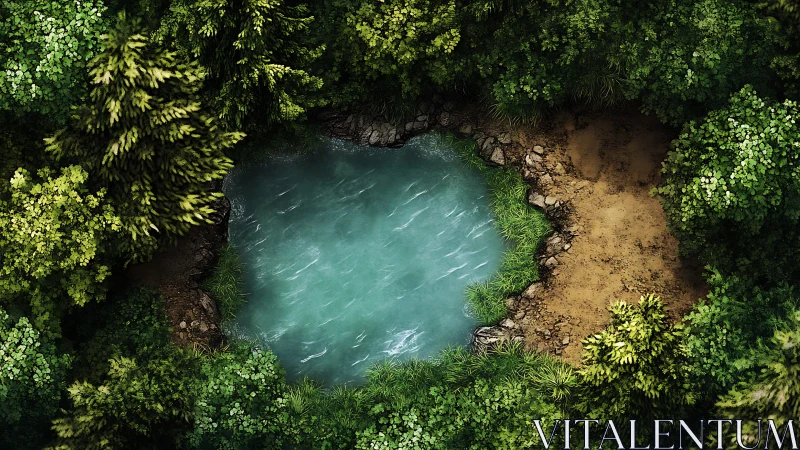 Natural pool with turquoise water surrounded by vegetation.