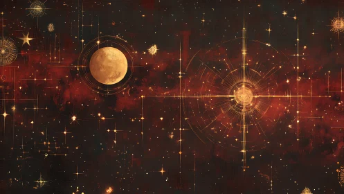 Celestial map overlays golden constellations on crimson void