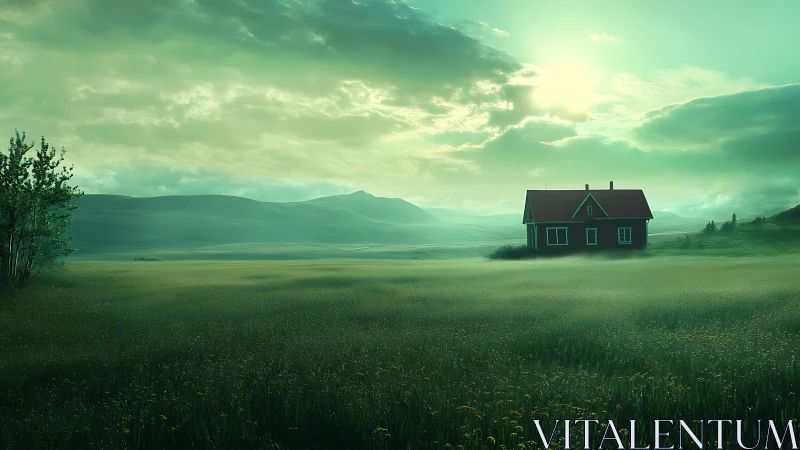Solitary house stands in misty green field under clouded sky